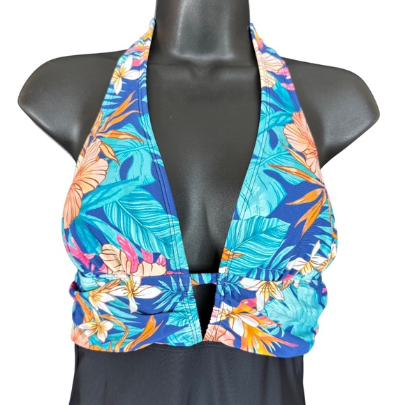 NWT Cupshe Blue Tropical Floral & Black Halter Top One Piece Swimsuit Size M - Picture 3 of 13